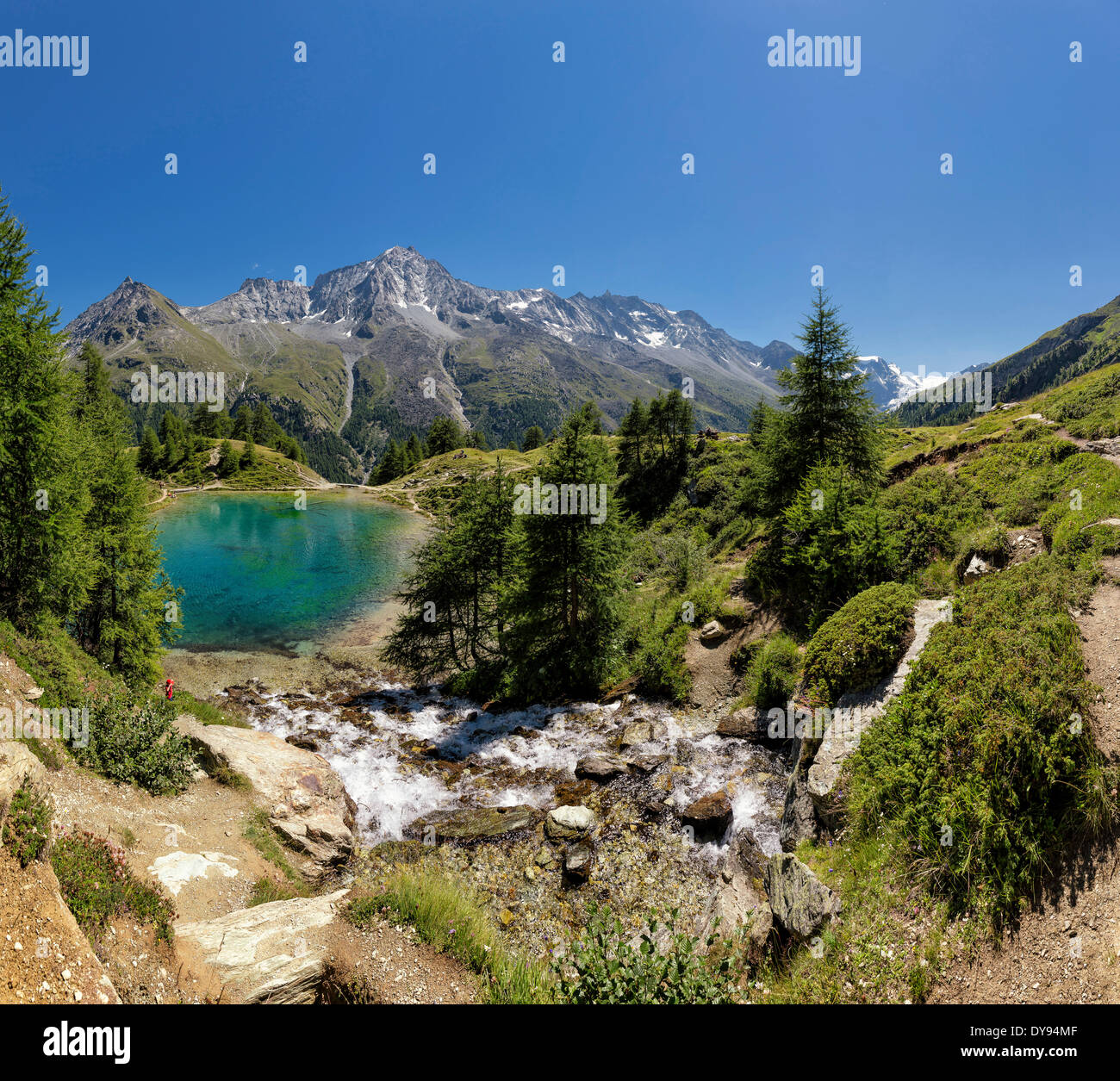 Lac Bleu, lake, landscape, water, summer, mountains, hills, La Gouille, Val d'Herens, Wallis, Valais, Switzerland, Europe, Stock Photo