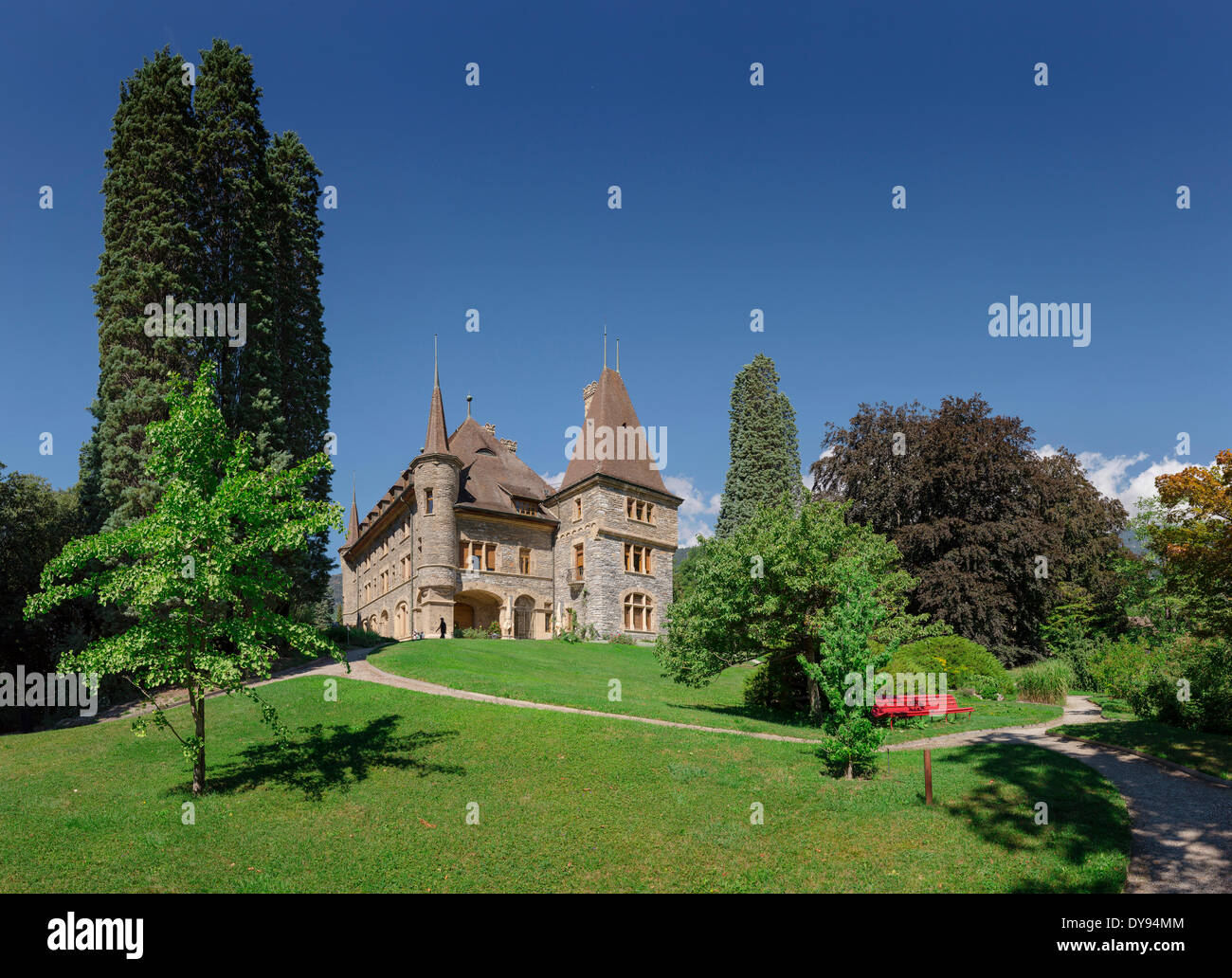 Chateau Mercier, castle, field, meadow, trees, summer, Sierre, Wallis, Valais, Switzerland, Europe, Stock Photo