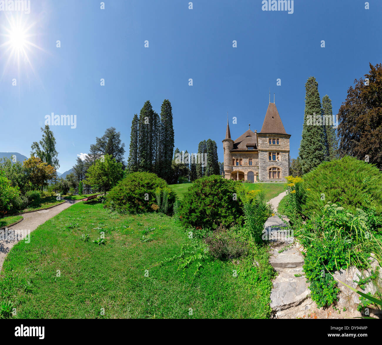 Chateau Mercier, castle, field, meadow, trees, summer, garden, Sierre, Wallis, Valais, Switzerland, Europe, Stock Photo