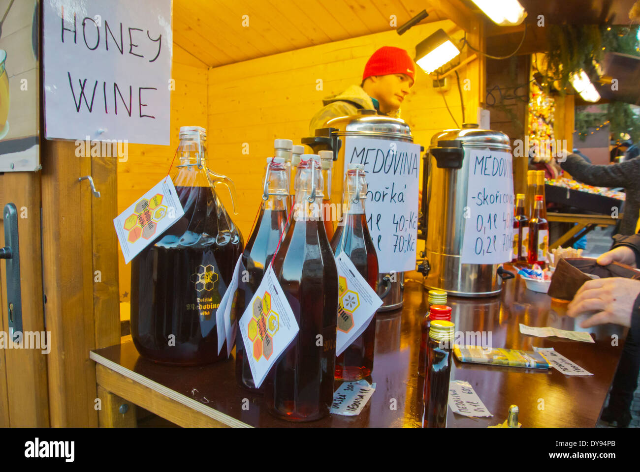 Medovina, honey wine stall, Christmas market, Vaclavske namesti, Wenceslas square, Prague, Czech