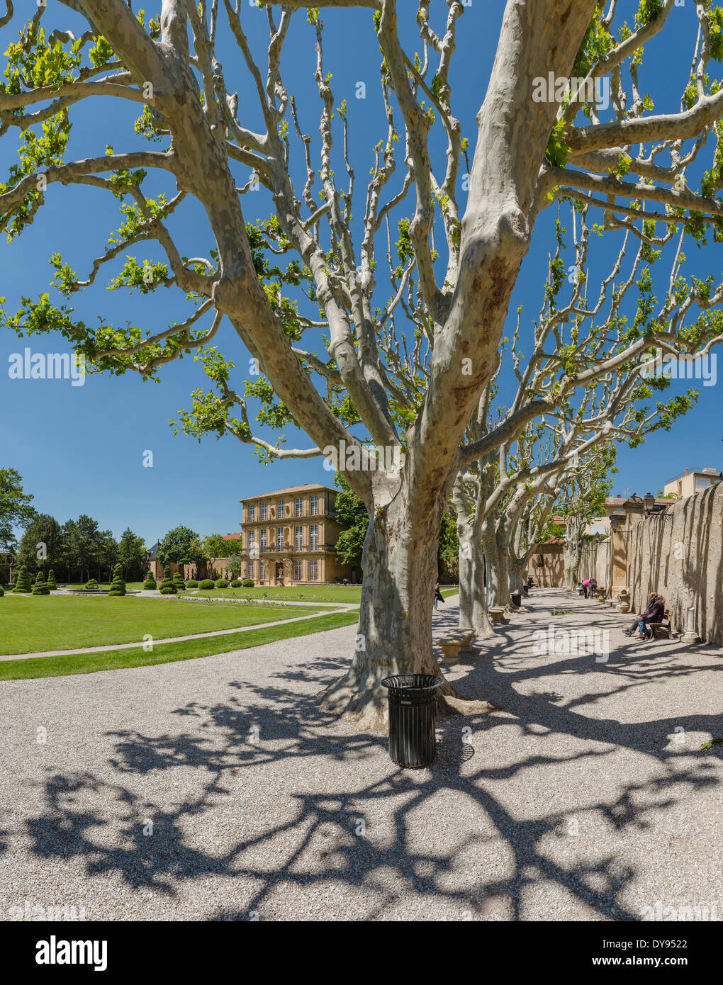 Parc Vendome, castle, forest, wood, trees, spring, people, garden, park, Aix en Provence, Bouches du Rhone, France, Europe, Stock Photo