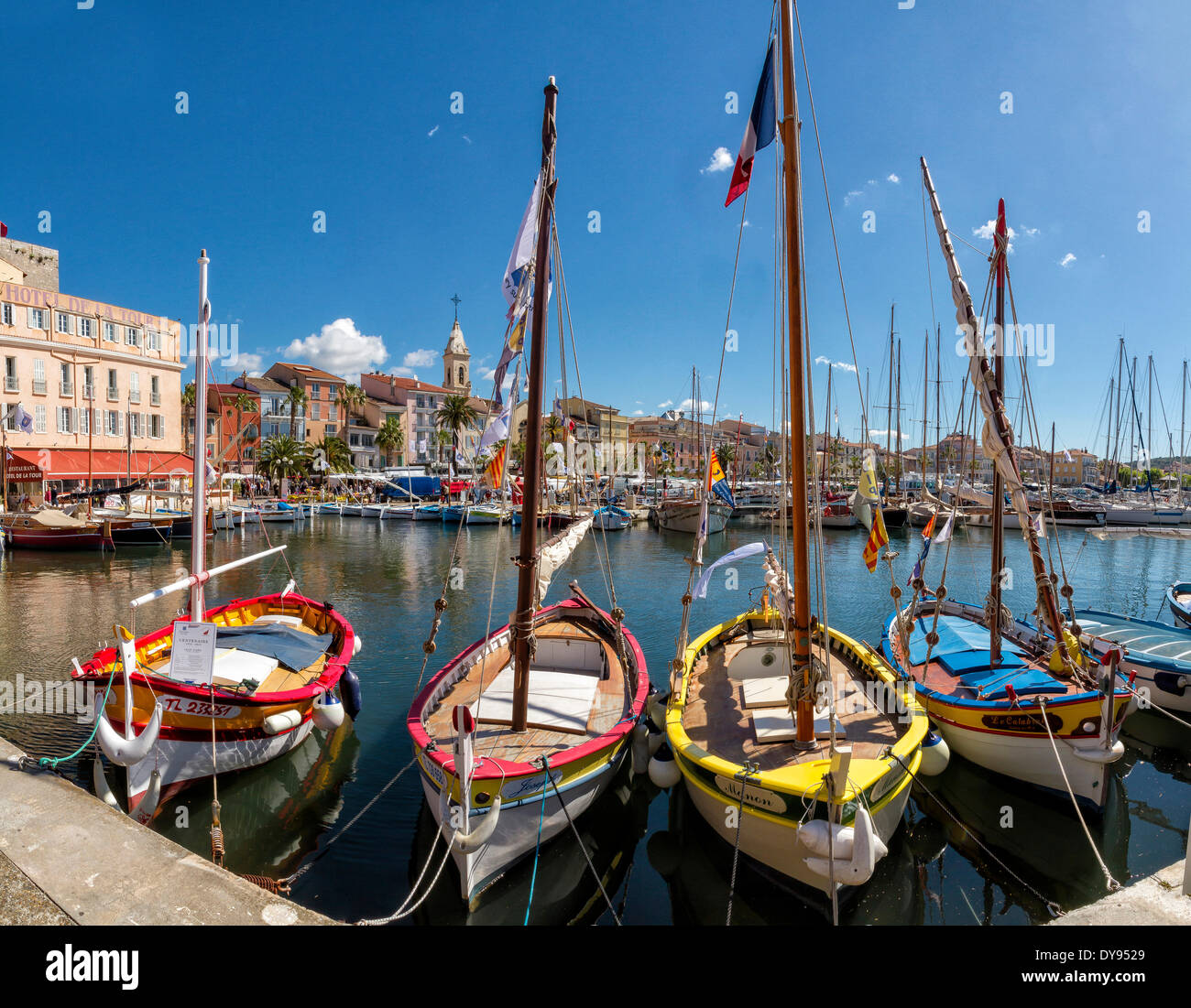 Port, Quai Charles de Gaulle, quai, town, village, water, spring, sea, ships, boat, Sanary sur Mer, Var, France, Europe, Stock Photo