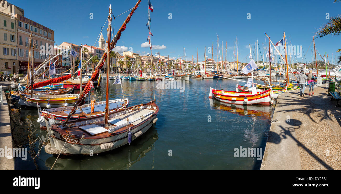 Traditional, fishing boats, port, harbour, town, village, water, spring, ships, boat, Sanary sur Mer, Var, France, Europe, Stock Photo