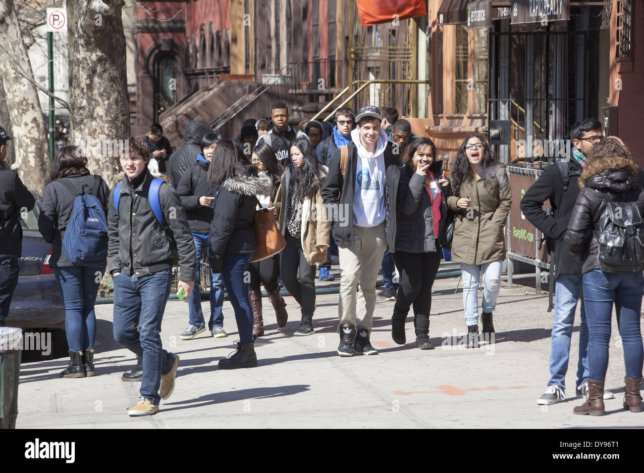 Students from Brooklyn Tech High School after school in the Fort Greene neighborhood of Brooklyn, NY. Stock Photo