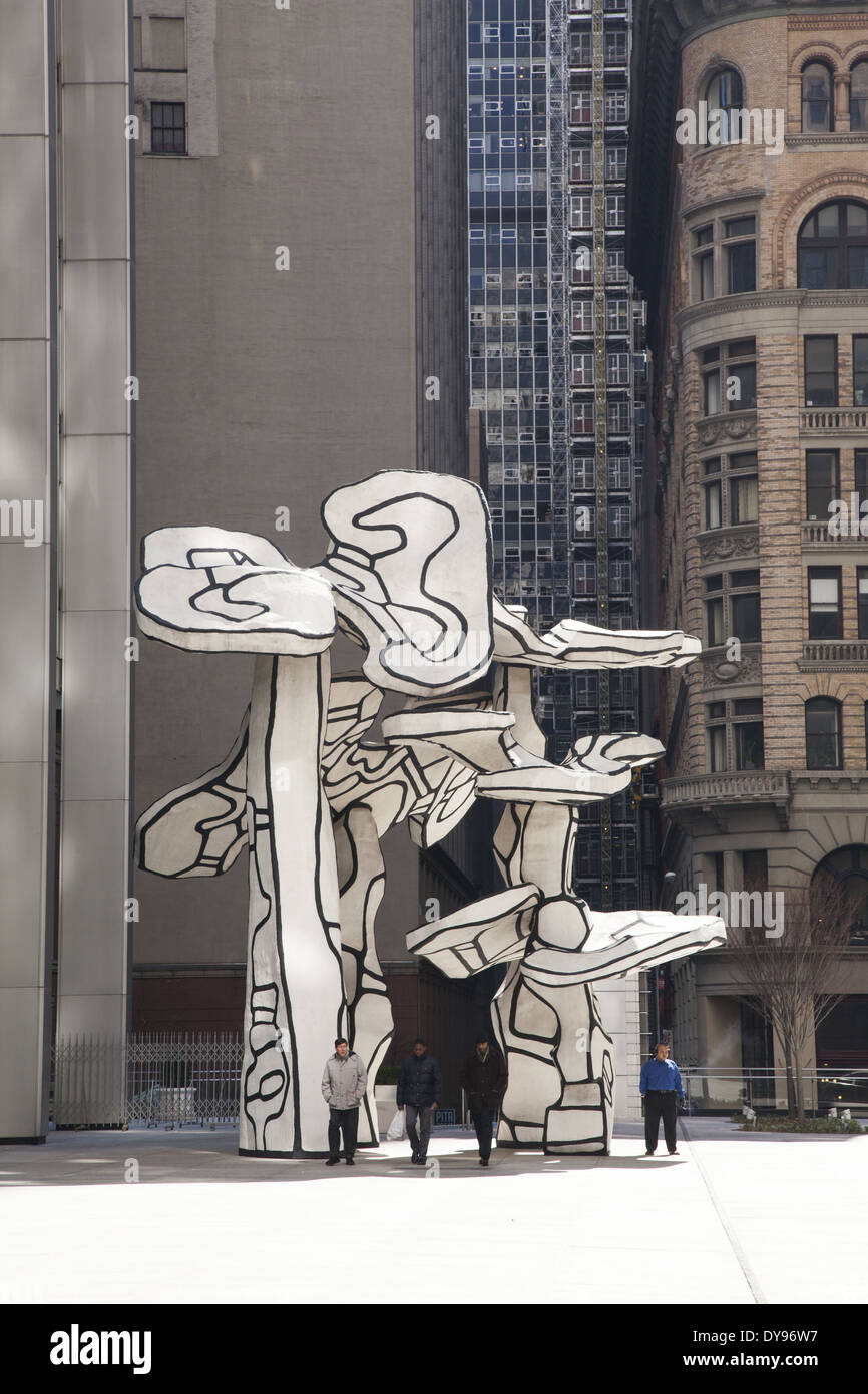 French sculptor Jean Dubuffet‘s 25-ton sculpture Group of Four Trees is featured in Chase Manhattan Plaza, NYC Stock Photo