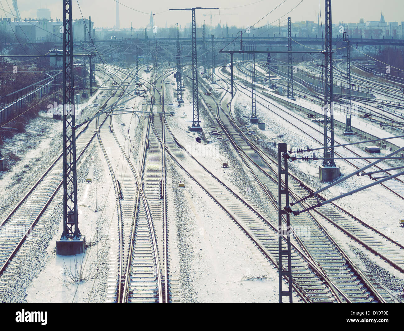 complicated urban railway system by winter time Stock Photo