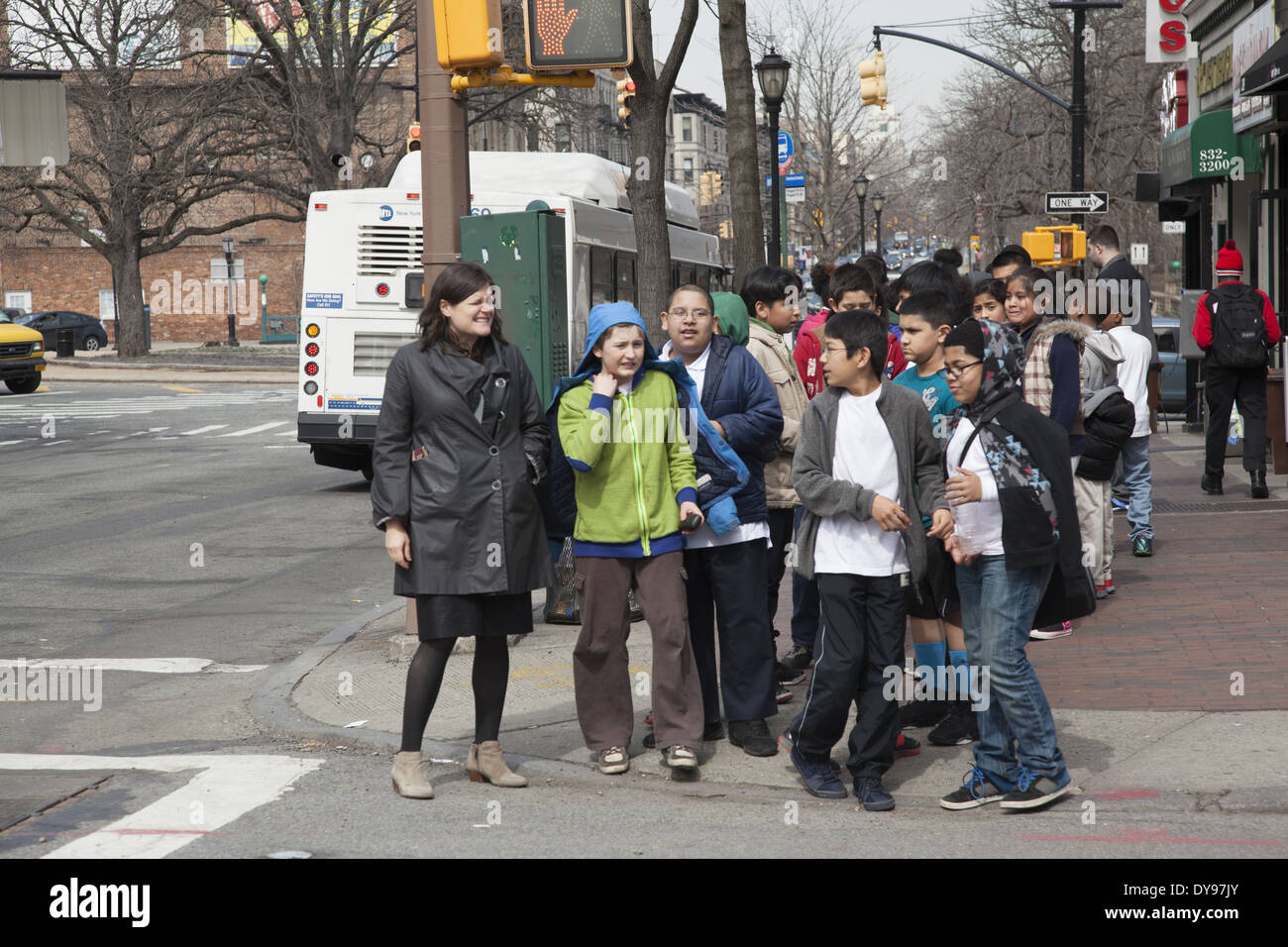School kids with their class on a neighborhood field trip in Windsor Terrace, Brooklyn, NY. Stock Photo