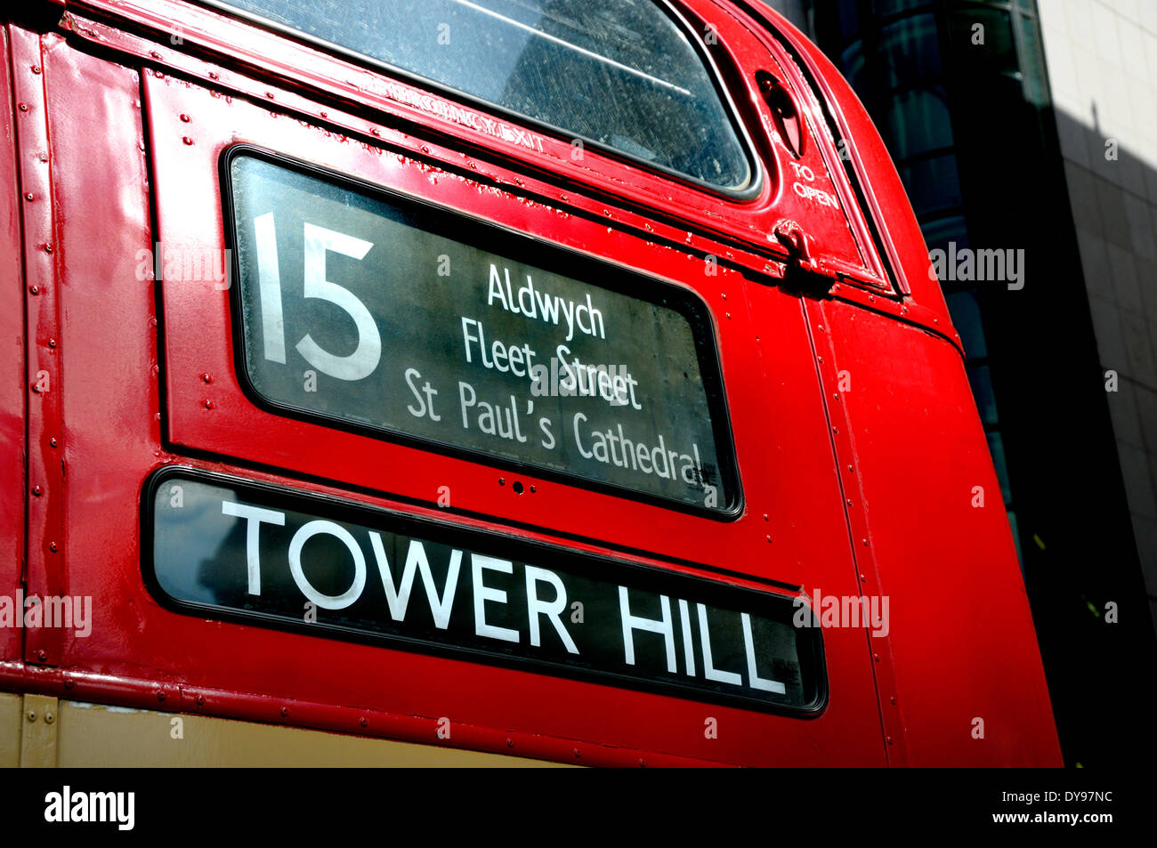 London, England, UK. No. 15 Double decker bus to Tower Hill Stock Photo