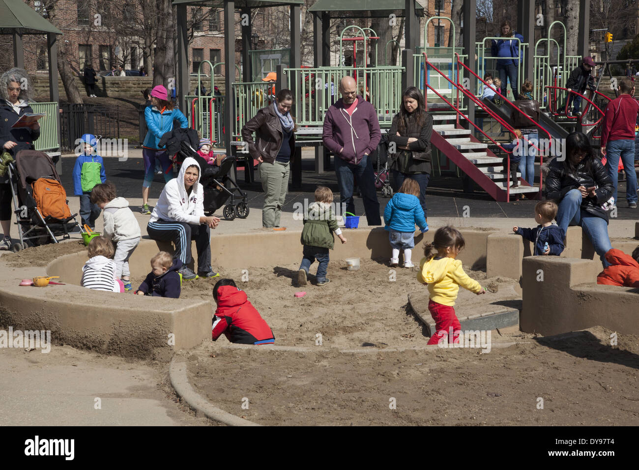 The busy sandbox at the playground in Prospect Park, Park Slope