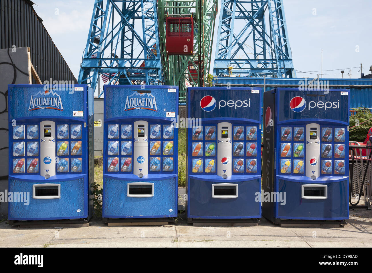 Large soda machines lined up by the amusement park at Coney Island, Brooklyn, NY. Stock Photo
