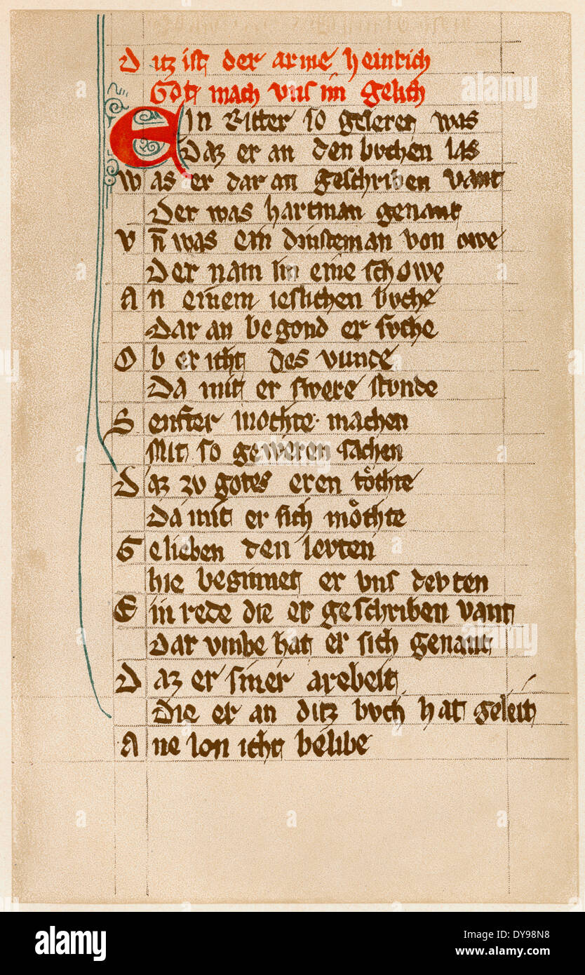Prologue of Poor Heinrich, by Hartmann von Aue, 13th century, a Middle High German knight and poet, Stock Photo