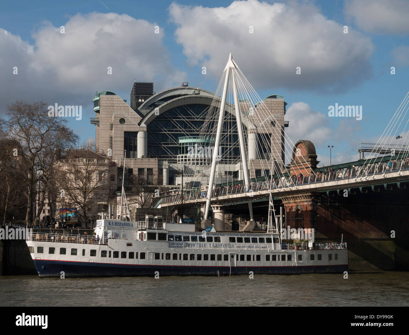 ship Hispaniola and Hungerford Bridge, london, UK Stock Photo