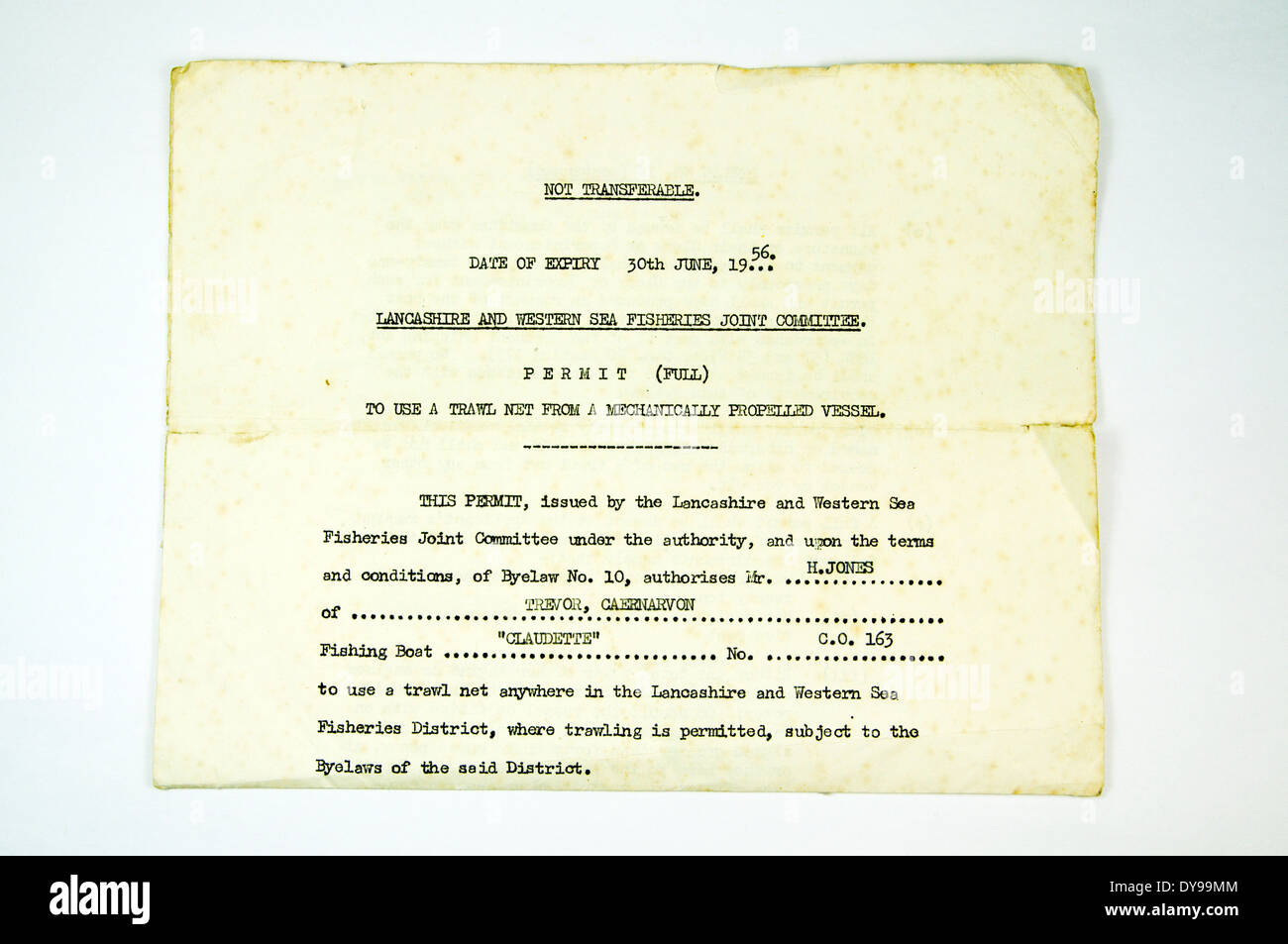 1950s Commercial fishing license for trawling with nets in the North Wales Area. Stock Photo