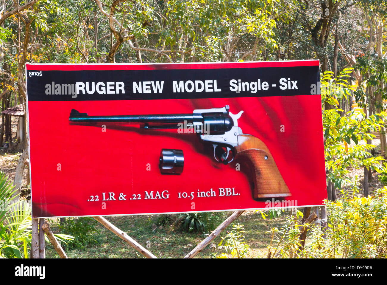 Advertising Placards for a Shooting Ranch on Ko Chang, Thailand Stock Photo