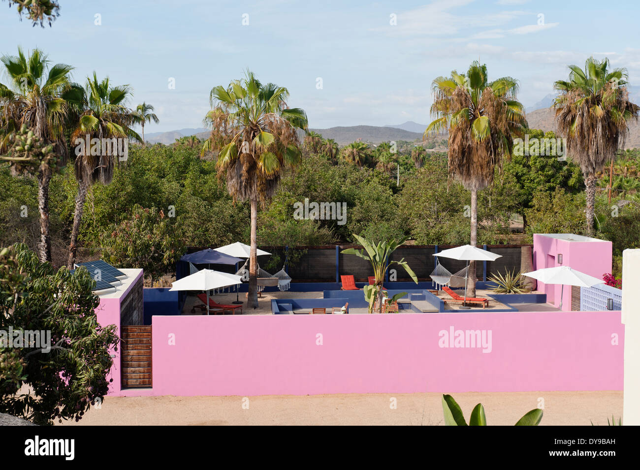 View of hotel couryard with palm trees and pink outerwall and beyond the hills of Todos Santos Stock Photo