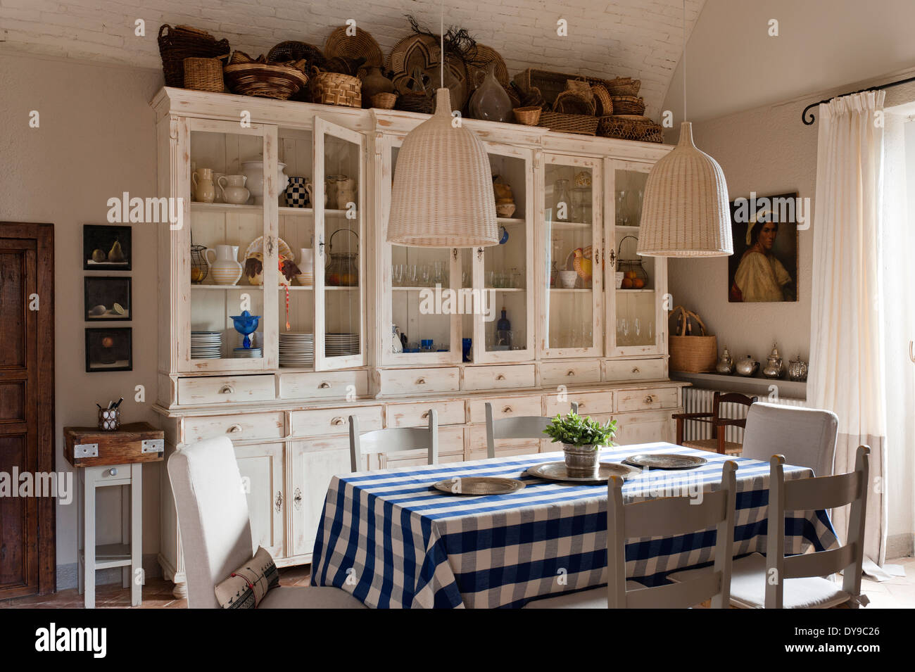 Rustic Country Kitchen With French Style Cabinets Checked Blue