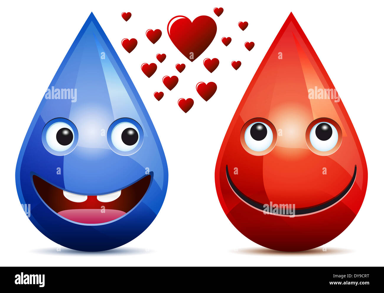 Water drop and drop of blood love - smiling faces (emoticons) on white background. Stock Photo