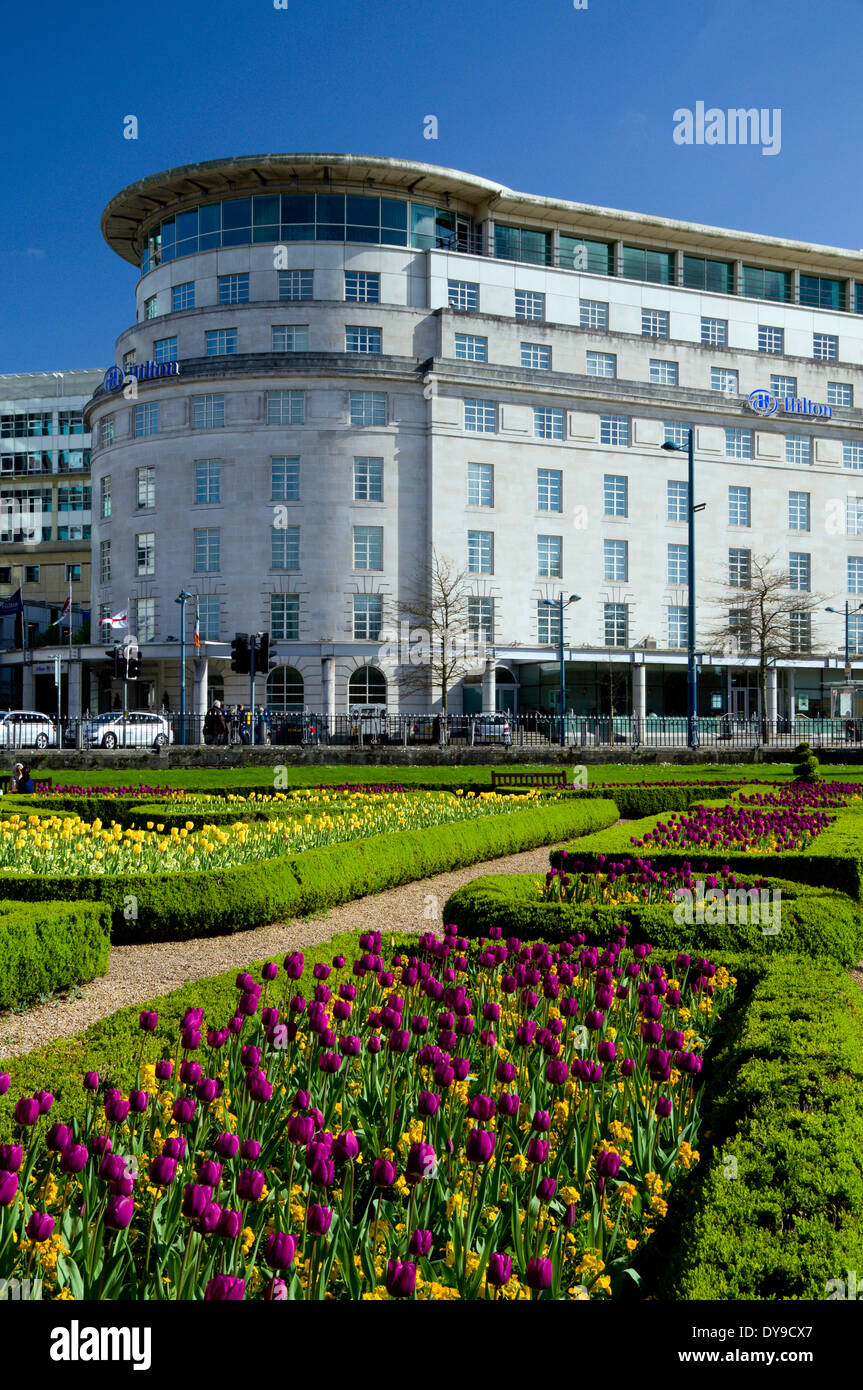 Hilton Hotel and the Friary Gardens, Cardiff, Wales. Stock Photo