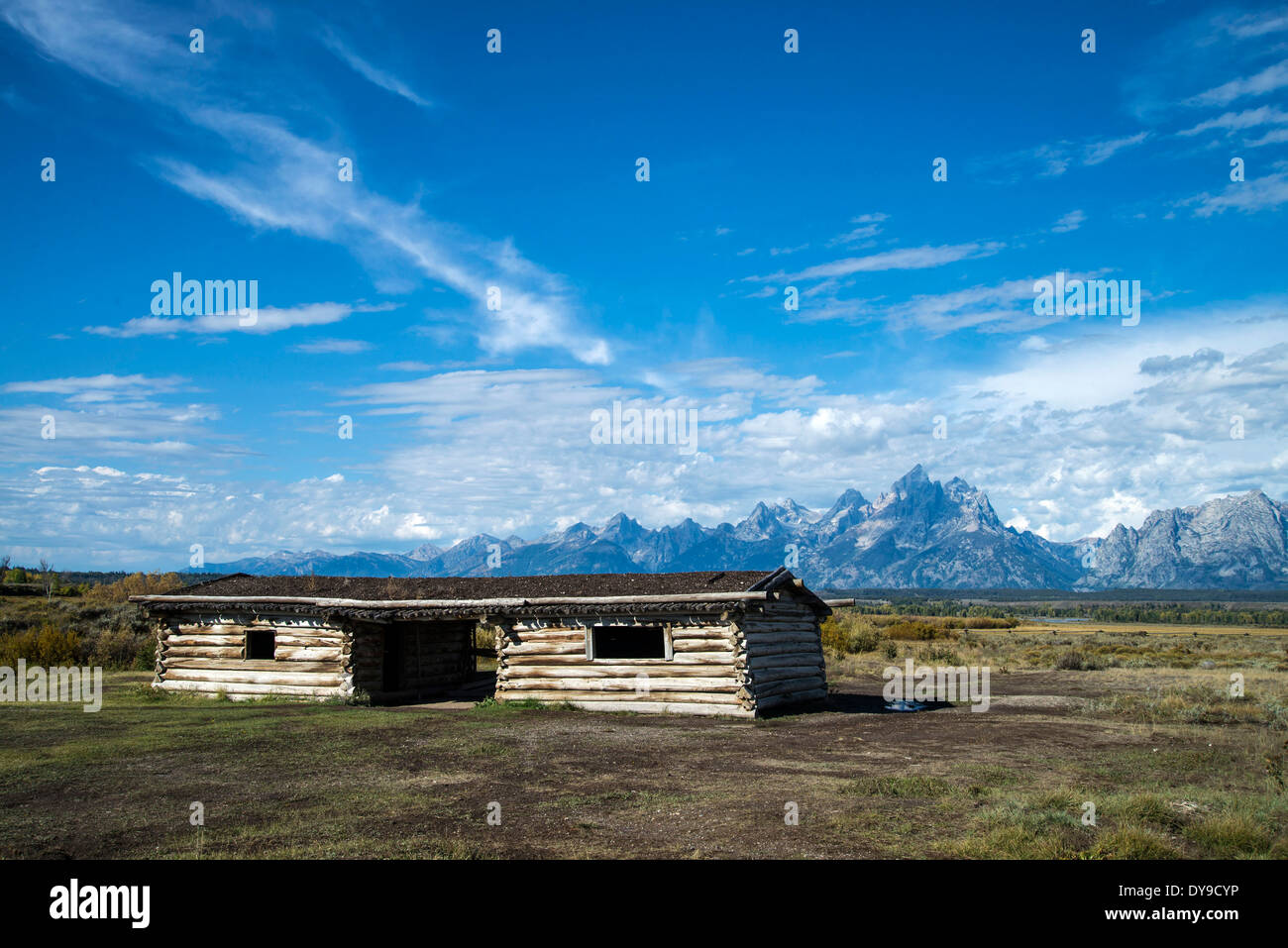 Cunningham pioneer cabin historical hut Grand Teton national park Wyoming USA United States America landscape mountain Stock Photo