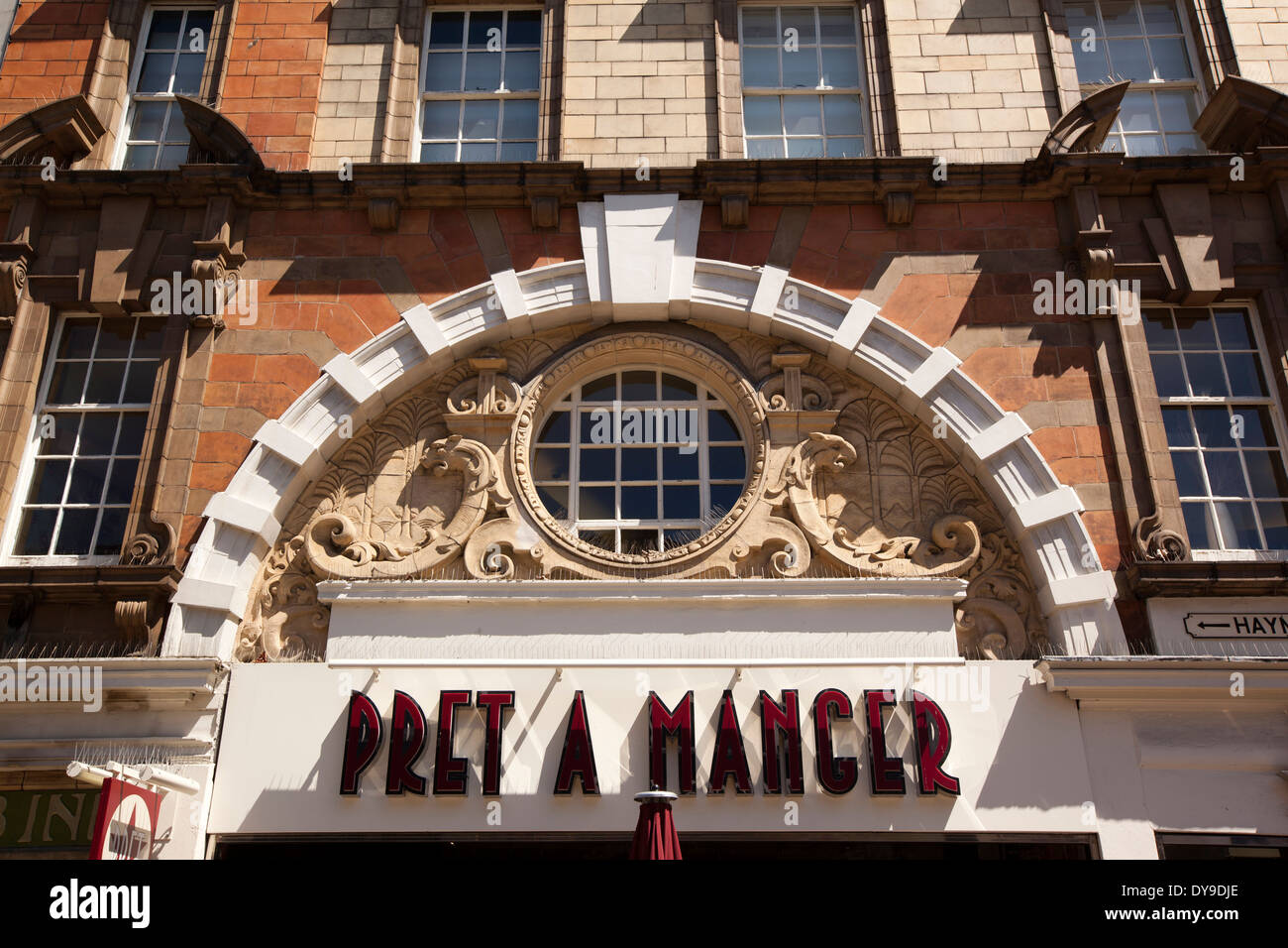 UK, England, Norfolk, Norwich, Gentlemans Walk, Pret a Manger sign on Edwardian building Stock Photo