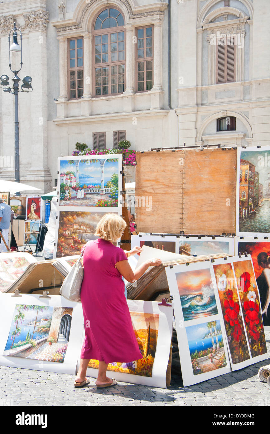 Artistic stands in Navona square; Rome Stock Photo