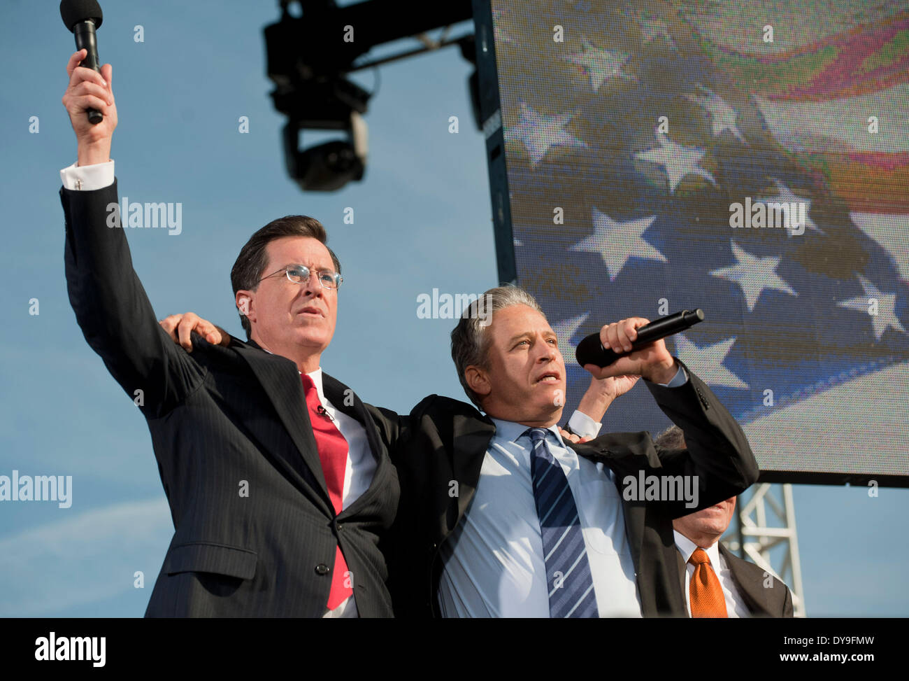 April 10, 2014 - CBS network announced the replacement for outgoing 'Late Show' host D. Letterman. STEPHEN COLBERT, whose satirical 'The Colbert Report' on Comedy Central competes in the same time slot, has landed the sought-after gig. PICTURED: Oct 30, 2010 - Washington, District of Columbia, U.S. - Jon Stewart and STEPHEN Colbert held a rally on the National Mall before a cheering throng of supporters, called 'Rally to Restore Sanity and/or Fear'. (Credit Image: © Pete Marovich/ZUMA Wire/ZUMApress.com) Stock Photo