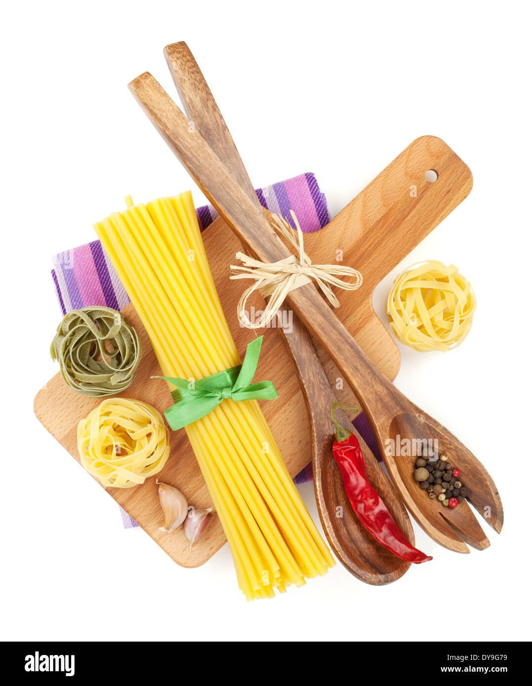 Pasta and spices. Isolated on white background Stock Photo