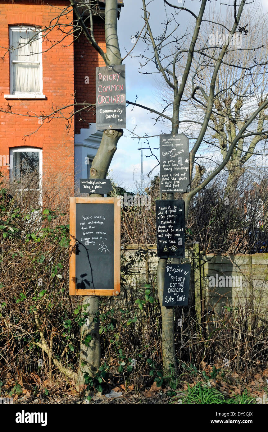 Priory Common Orchard Community Garden signs, London Borough of Haringey England UK Stock Photo