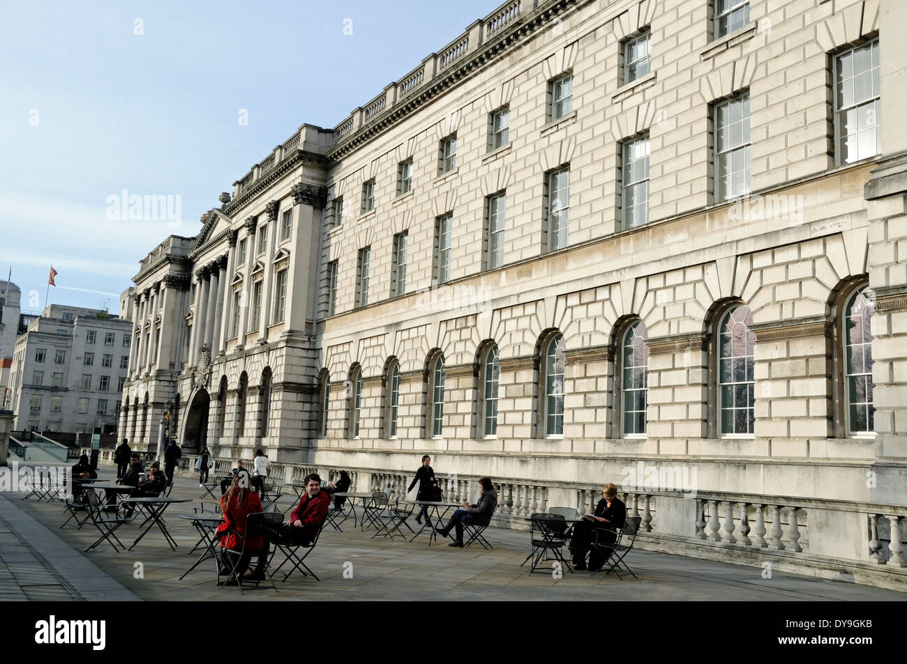 South Terrace Somerset House, People sitting outside in winter, London England Britain UK Stock Photo