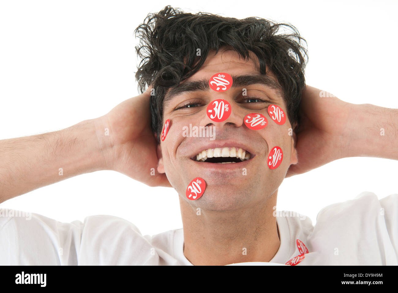 man-with-stickers-of-30-percent-discount-in-face-stock-photo-alamy