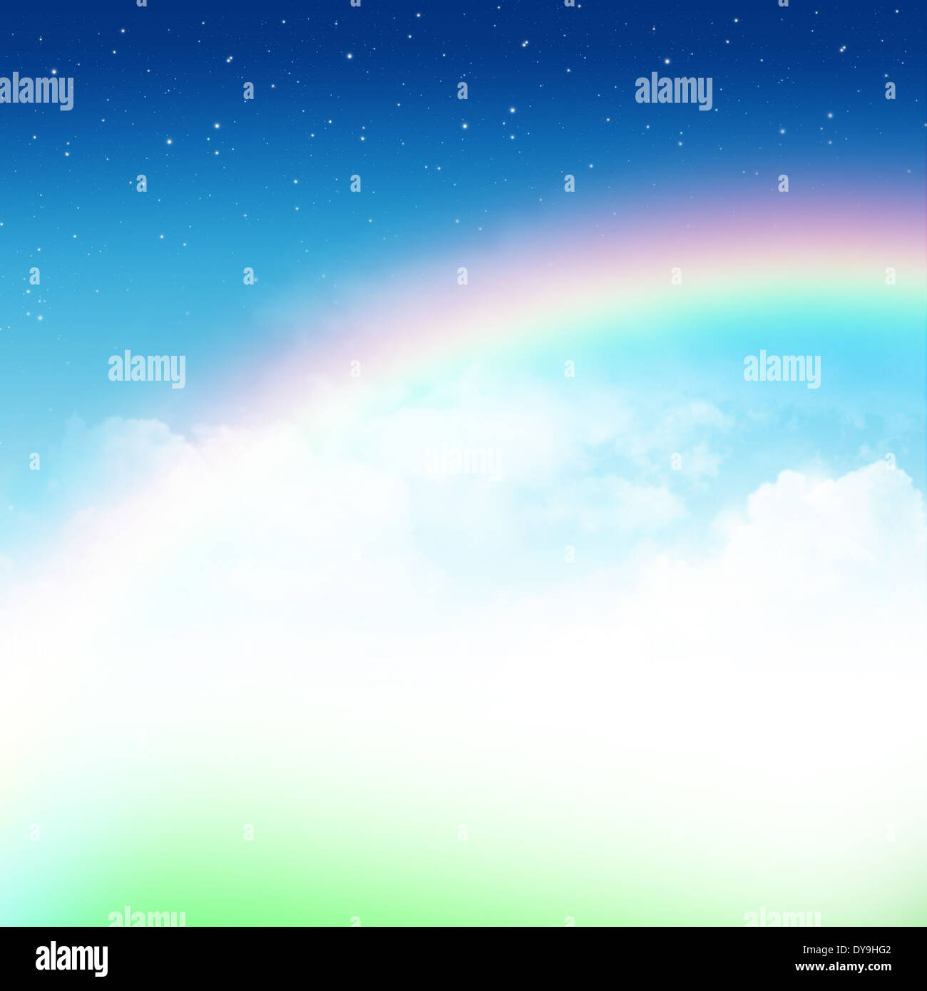 Cloudy blue sky with rainbow and stars abstract background Stock Photo ...