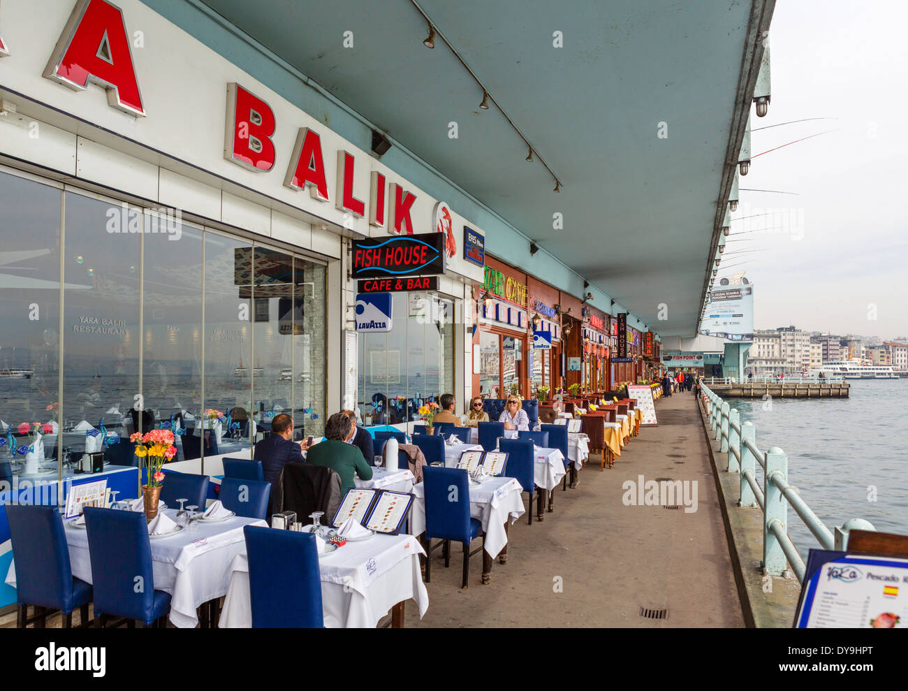 Fish restaurants under the Galata Bridge across the Golden Horn