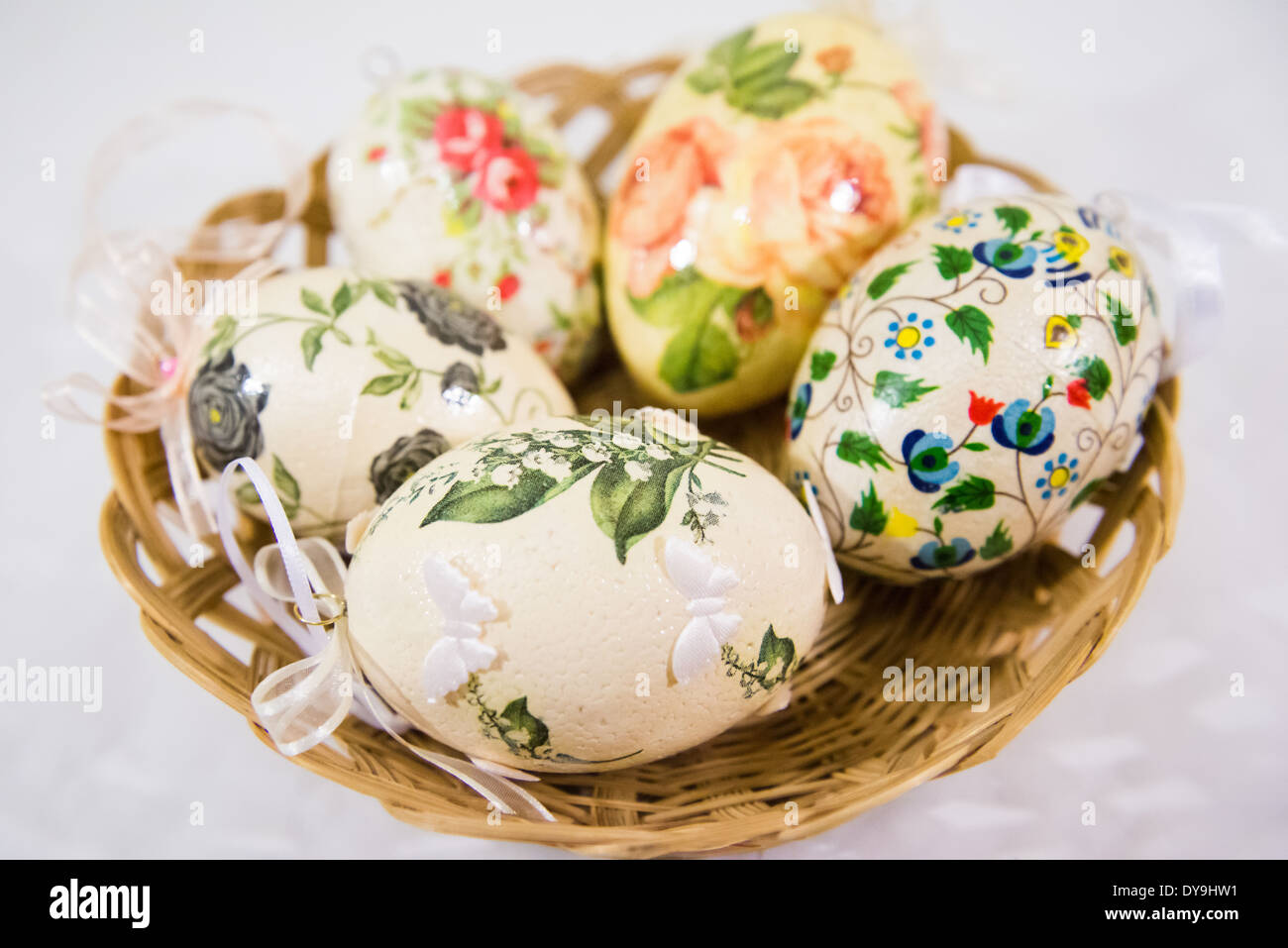 Group of colorful easter eggs decorated with flowers made by decoupage