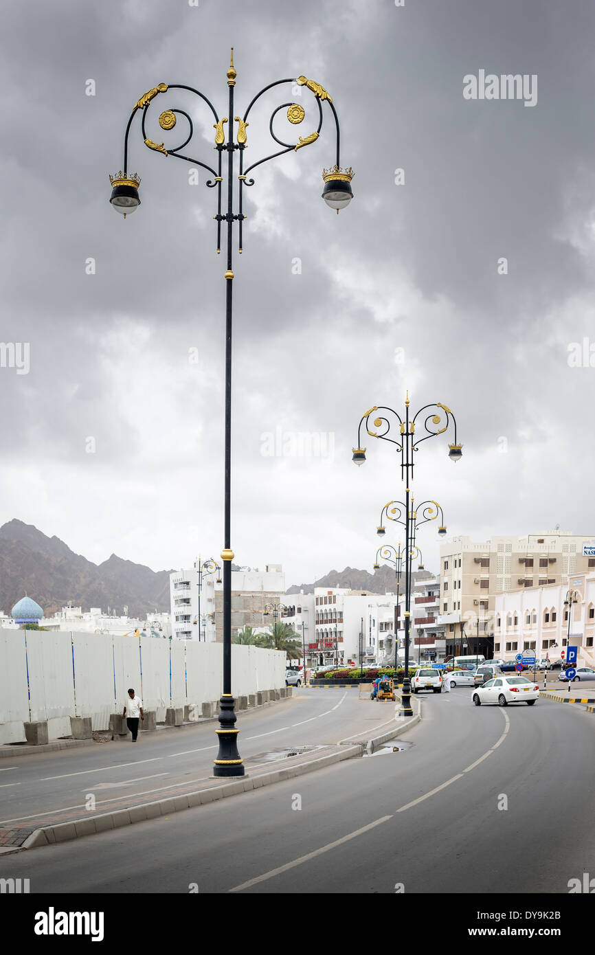 Streetlights in Muscat, Oman, at a wolkigenTag Stock Photo