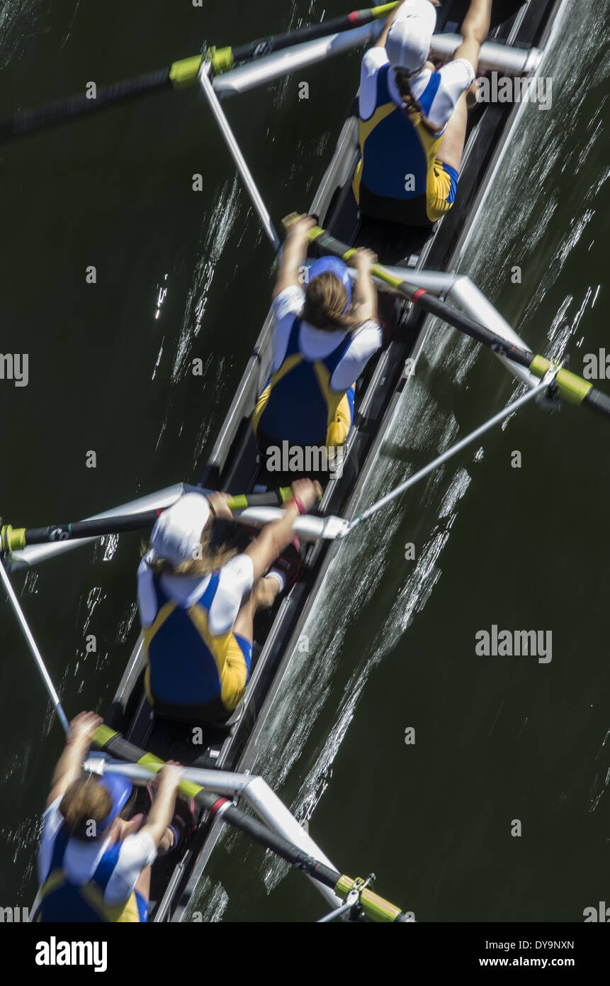 Four rowers in UW women's eight boat during intercollegiate crew race
