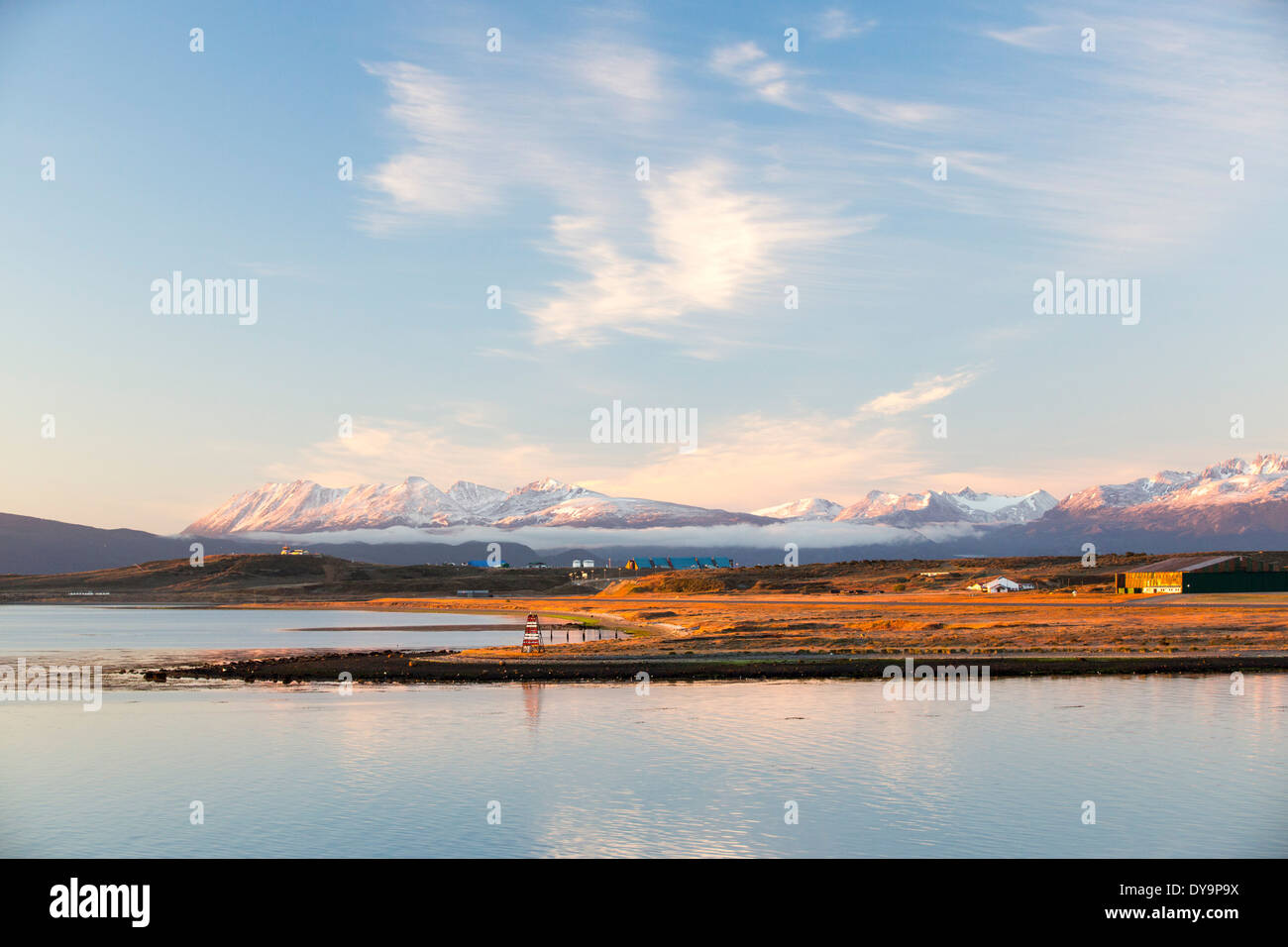 The Martial mountain range in dawn light in the town of Ushuaia which is the capital of Tierra del Fuego, in Argentina, Stock Photo