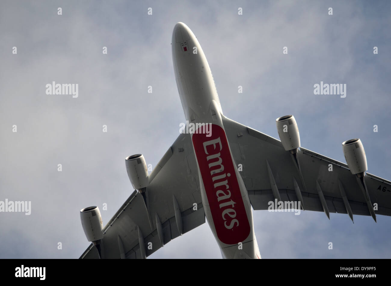 The Airbus A380 is a double-deck, wide-body, four-engine jet airliner manufactured by Airbus. Stock Photo