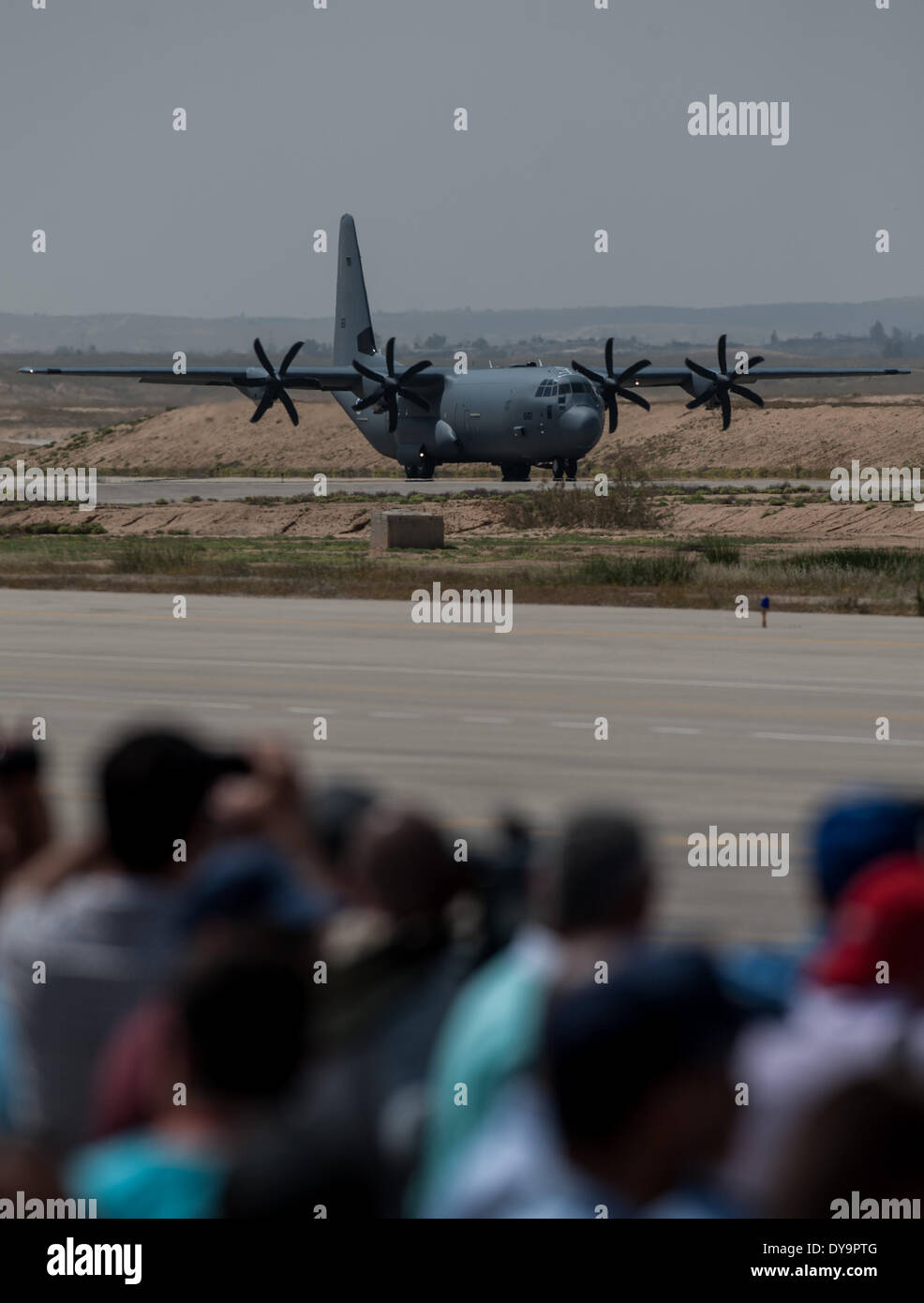 (140411) -- NEVATIM AIR BASE (ISRAEL), April 11, 2014 (Xinhua) -- A Super Hercules C-130J arrives at Nevatim Air Base near Beer Sheva, southern Israel, on April 9, 2014. The Super Hercules C-130J was inaugurated into the ranks of the Israeli Air Force (IAF) on Wednesday. Plane number 661, which touched ground at the Nevatim Air Base after a 12-hour flight from the United States, is the first of three J-model aircrafts that Israel ordered from the Lockheed Martin Corporation.Equipped with Israeli-made electronic warfare, defense and other systems and custom-built according to the IAF's specific Stock Photo