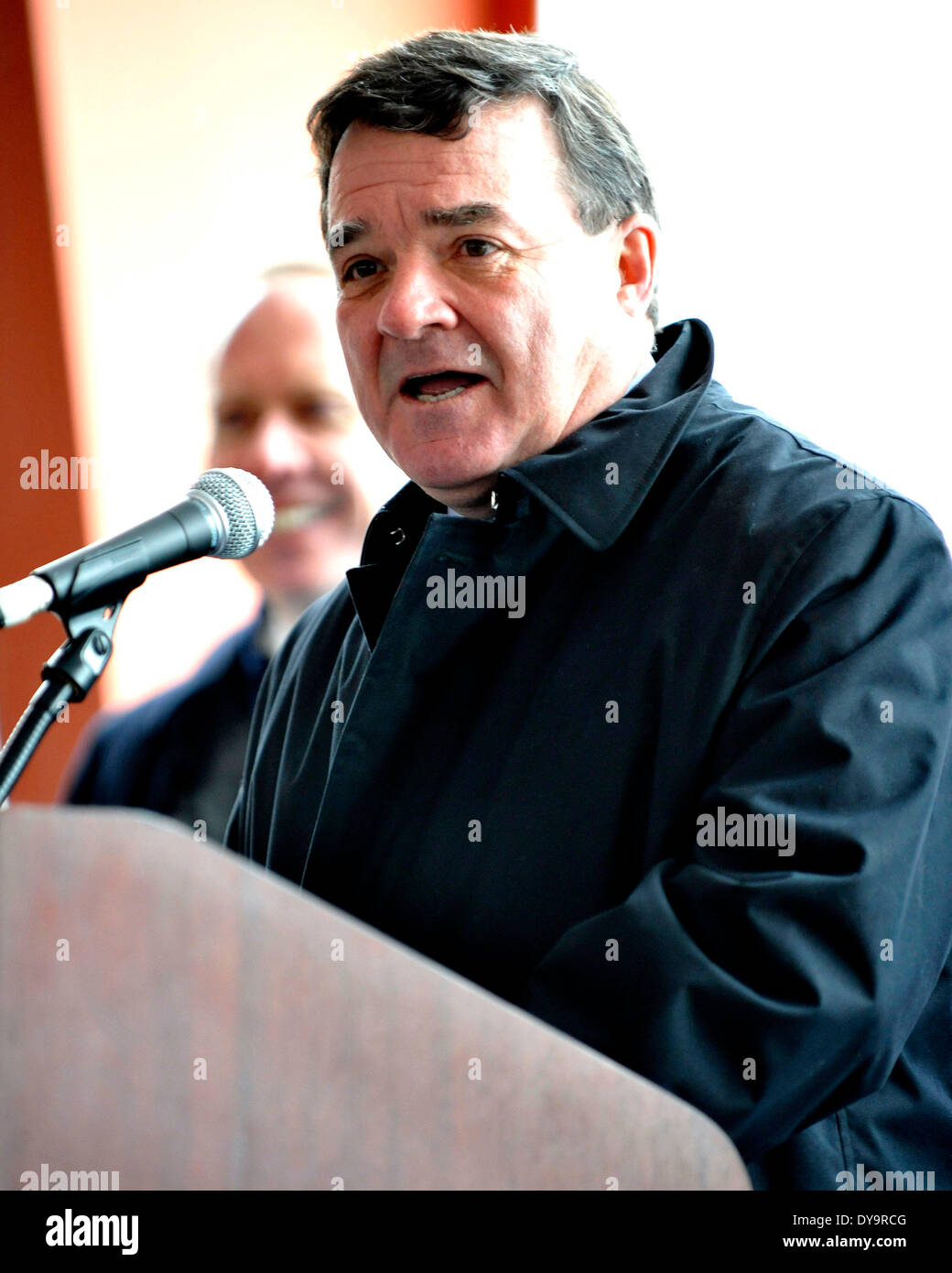 Ottawa, Canada. 10th April 2014. Canada's former finance minister Jim Flaherty has died at his Ottawa home at the age of 64 on April 10, 2014. File photo: Jim Flaherty, Minister of Finance, Government of Canada, attends the groundbreaking ceremony for the Evergreen Brick Works in Toronto on December 8, 2008.  (Dominic Chan/EXImages) Stock Photo