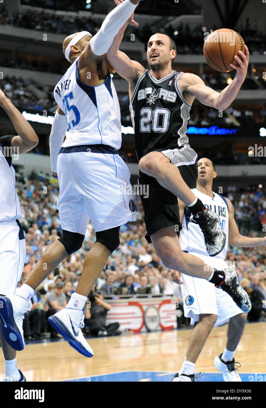 Apr 10, 2014: San Antonio Spurs guard Manu Ginobili #20 during an NBA game between the San Antonio Spurs and the Dallas Mavericks at the American Airlines Center in Dallas, TX San Antonio defeated Dallas 109-100 Stock Photo