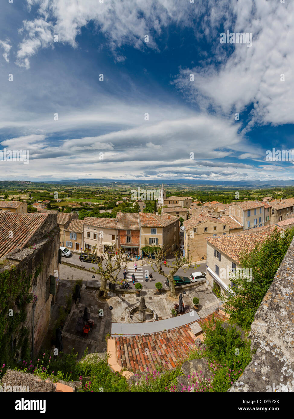 View, roofs, town, village, spring, mountains, hills, Bonnieux, Vaucluse, France, Europe, Stock Photo