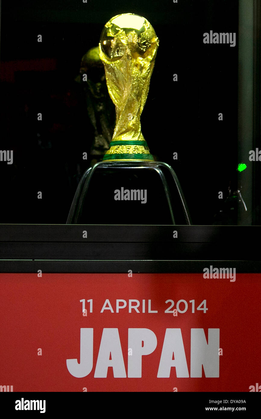 Tokyo, Japan. 11th Apr, 2014. The World Cup trophy at the 'Coca Cola Cup Trophy' event in Shibuya, on April 11, 2014. The tour will be release in Tokyo and Rikuzentakata Tohoku on April 12 under the theme 'Tournament Everyone Lead' to send the spirit to the world from the Northeast Japan. Credit:  Rodrigo Reyes Marin/AFLO/Alamy Live News Stock Photo