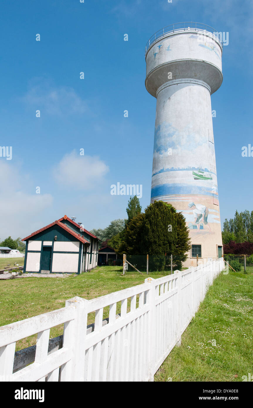 France, Cote de Picardy, Le Crotoy. Water tower and mural Stock Photo