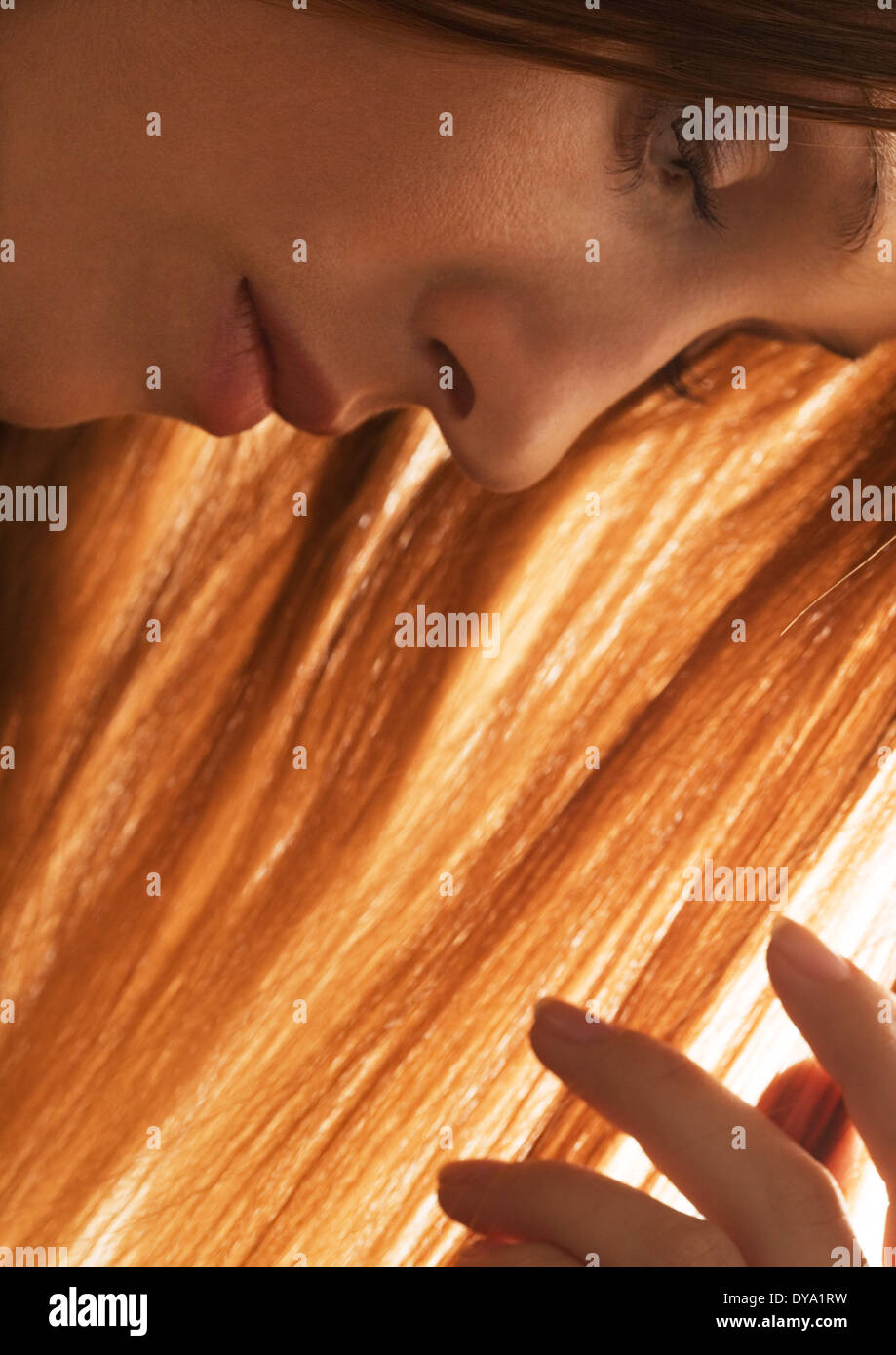 Woman touching hair, closeup Stock Photo Alamy