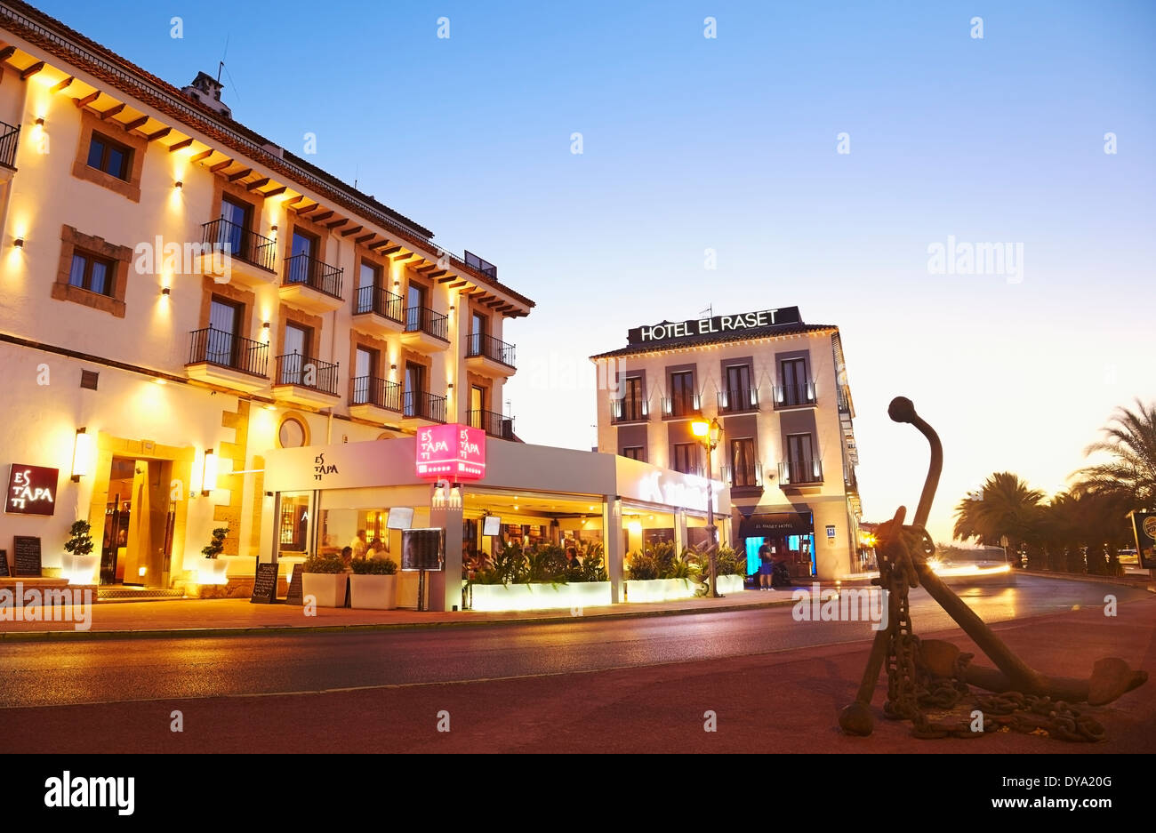 Hotels and restaurants by the harbour promenade. Denia. Alicante. Spain Stock Photo