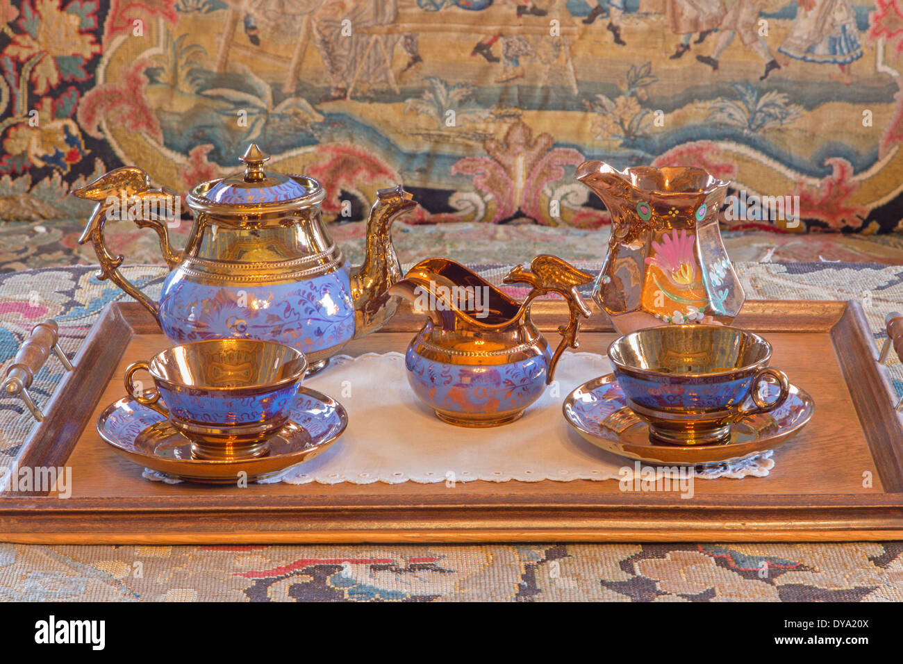 SAINT ANTON, SLOVAKIA - FEBRUARY 26, 2014: Tea service porcelain from 19. cent. in palace Saint Anton. Stock Photo