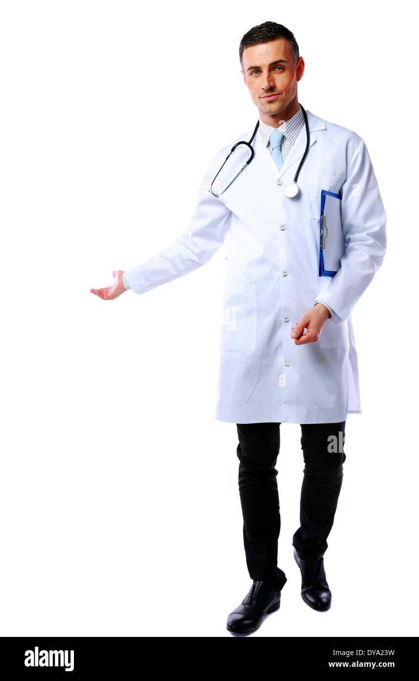 Happy male doctor presenting you something on white background Stock ...