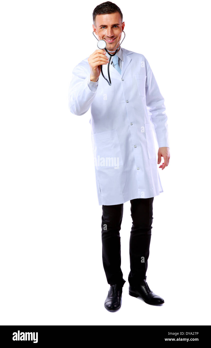 Full-length portrait of a smiling male doctor holding stethoscope over ...