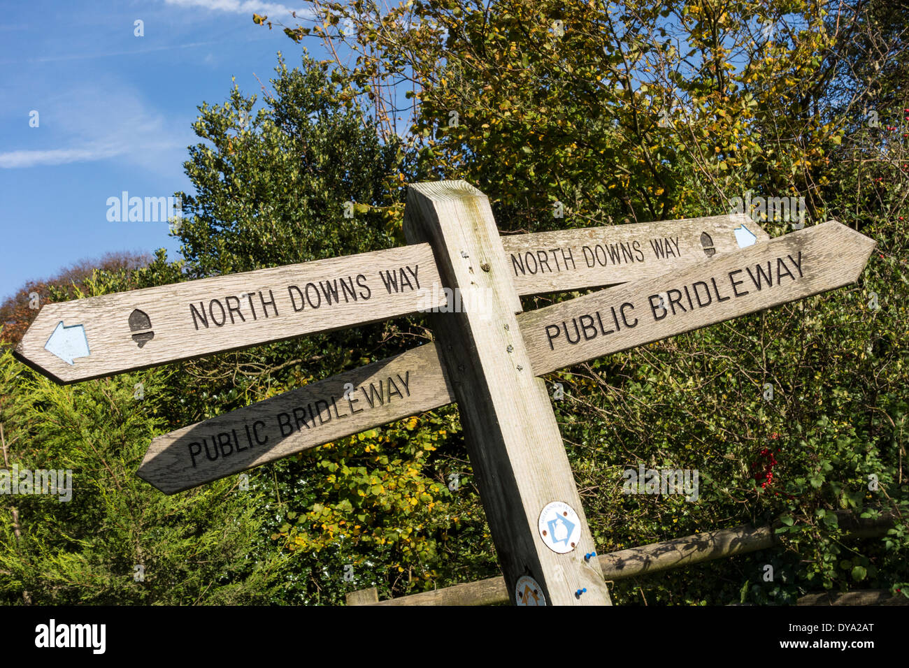 Signpost for North Downs Way at Colley Hill, Reigate, Surrey, UK Stock Photo