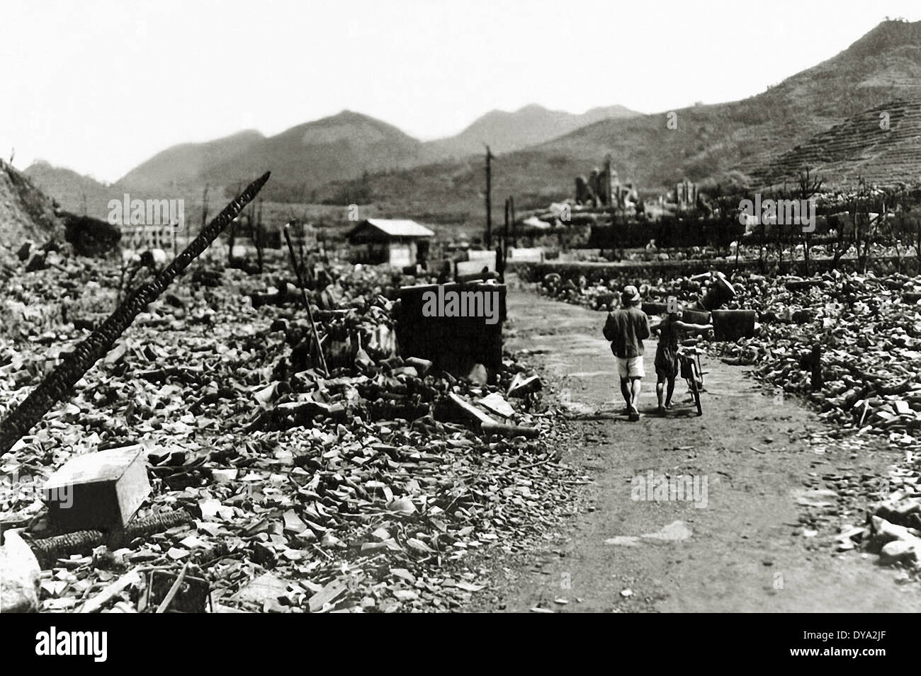 WW II historical war world war second world war Japan person ruins Nagasaki atomic bomb August town city destroyed 1945 bom Stock Photo